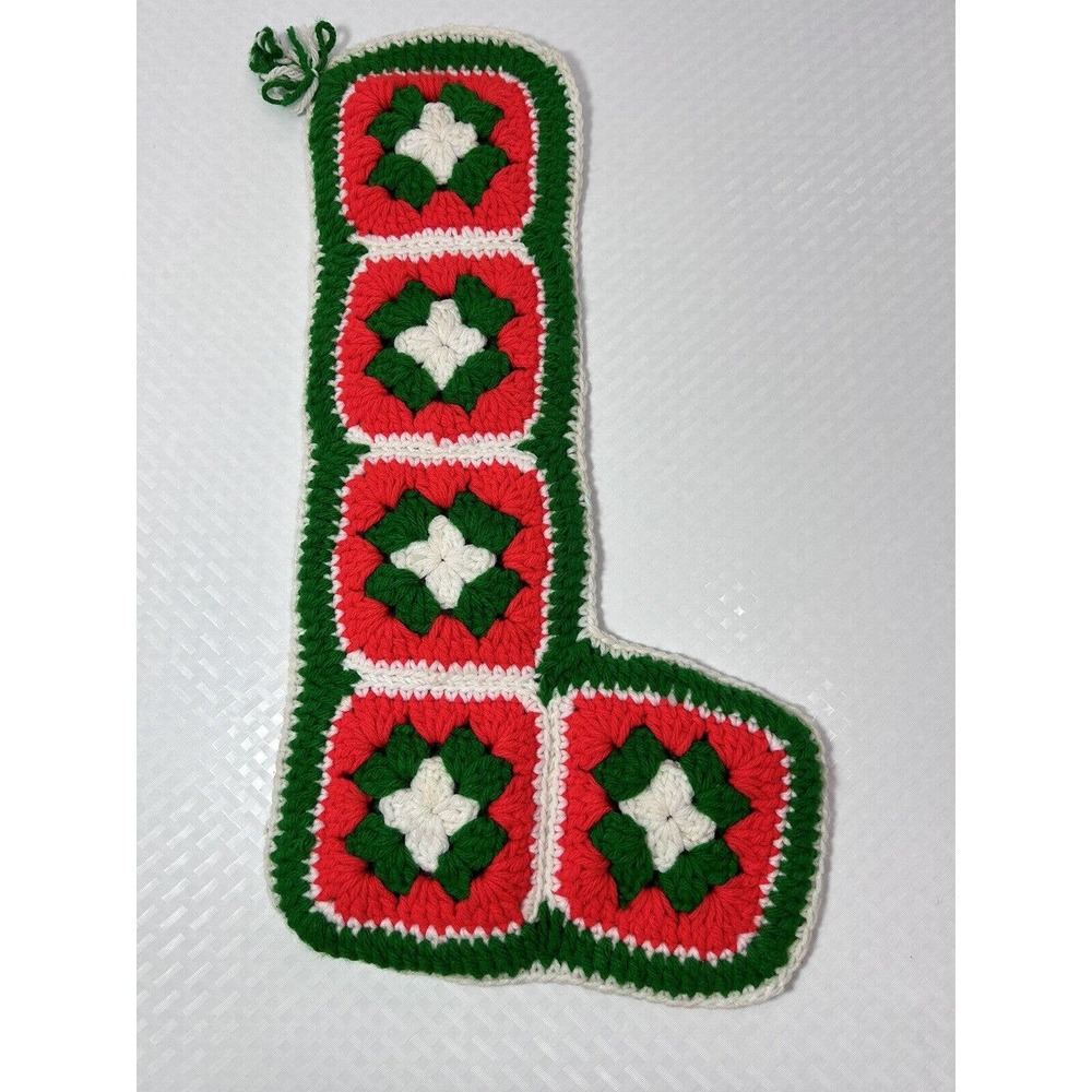 Granny Square Crochet Christmas Stocking Red Green 18” Vtg Hand Made Crafted